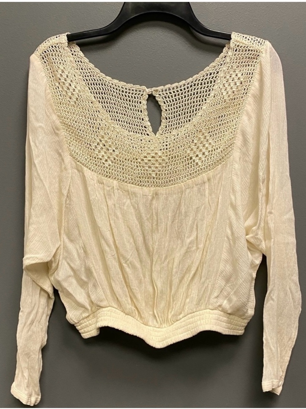 Free People Cream Crochet Yoke Long Sleeve Top